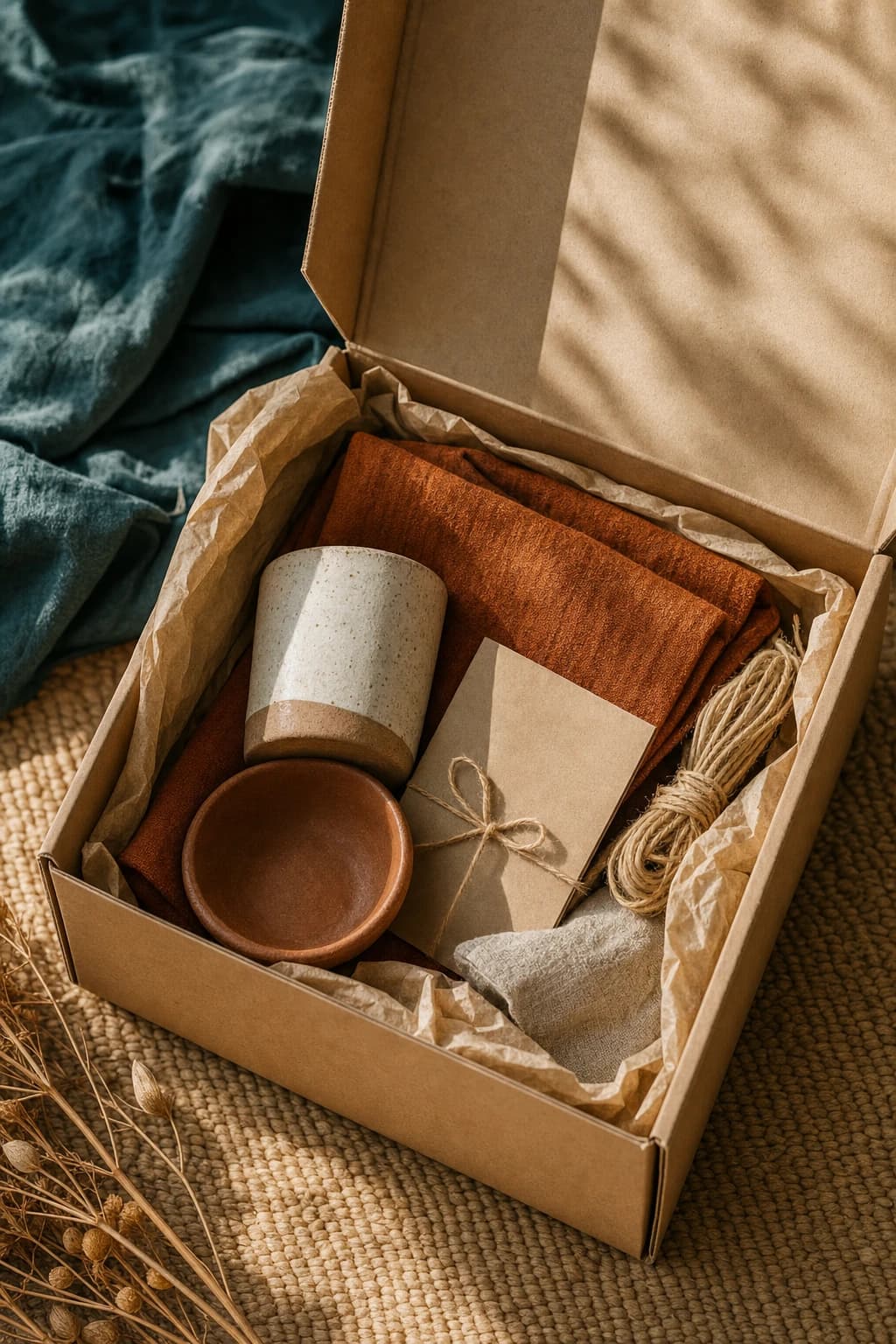 An open kraft parcel with carefully packed practical objects on a woven surface