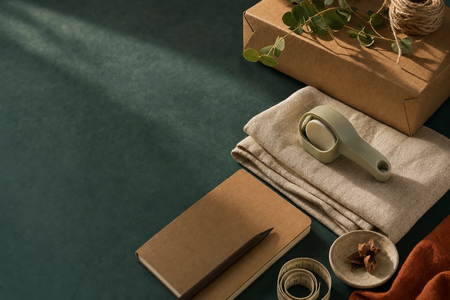 A practical household object, notebook, parcel, and measuring tape arranged on a deep teal table