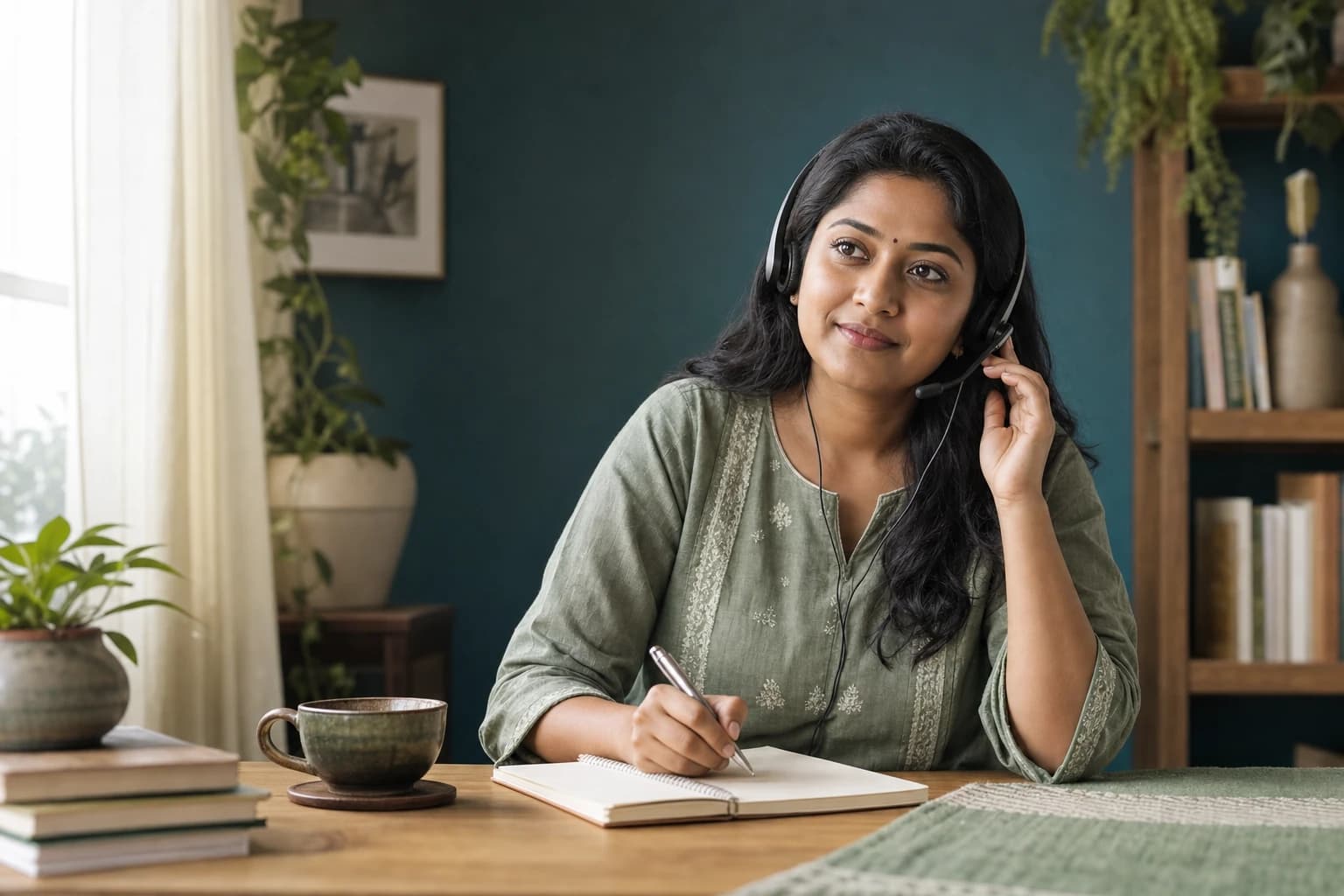 An Indian customer support representative taking notes at a desk with a headset