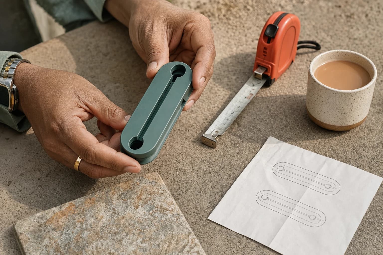 Hands demonstrating an unbranded household utility object beside a measuring tape and instructions